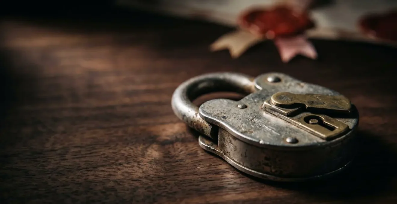 Photographie en gros plan d'un cadenas métallique ancien sur une surface de bois sombre éclairé latéralement créant un fort contraste ombre-lumière, avec en arrière-plan flou des sceaux de cire rouge et rubans officiels
