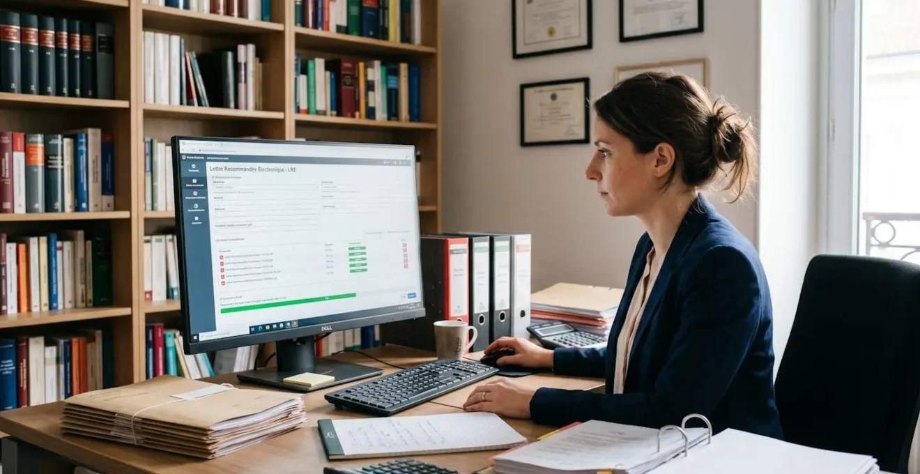 Collaboratrice juridique préparant des envois groupés de lettres recommandées électroniques depuis son poste de travail dans un cabinet français