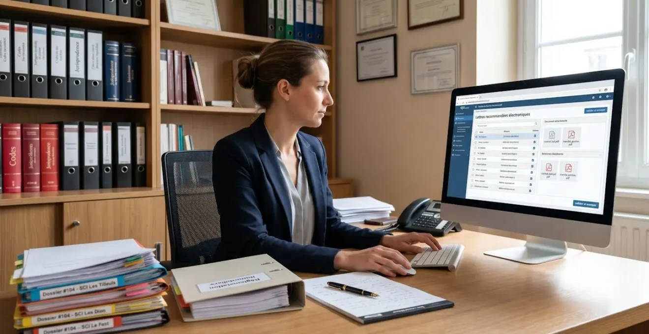 Collaboratrice juridique préparant des envois groupés de lettres recommandées électroniques depuis son poste de travail dans un cabinet français
