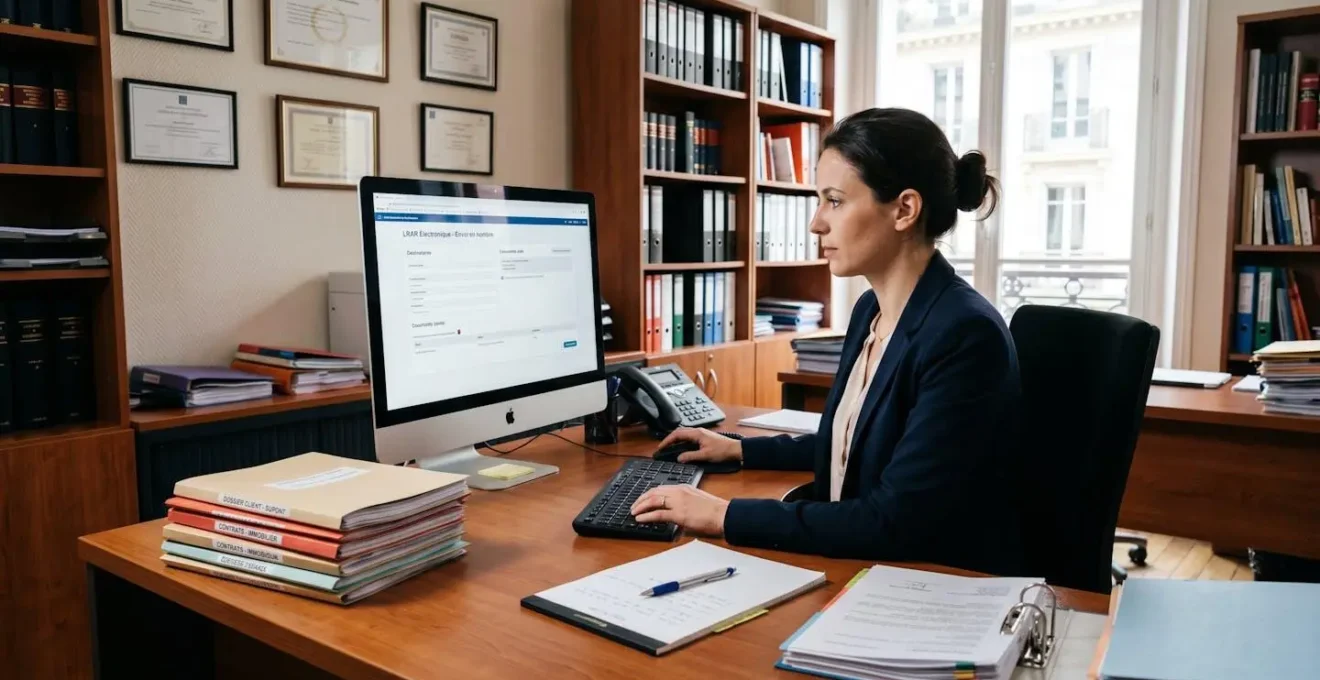 Collaboratrice juridique préparant des envois groupés de lettres recommandées électroniques depuis son poste de travail dans un cabinet français