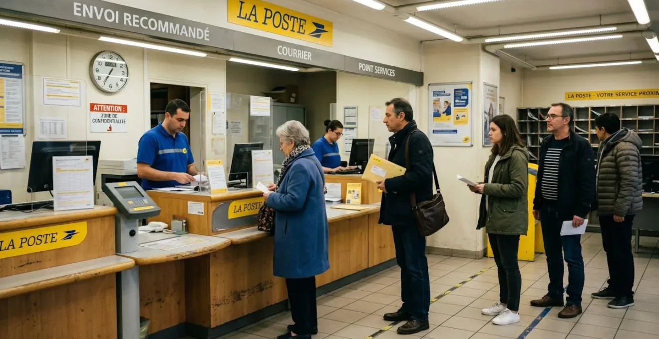 File d'attente dans un bureau de poste français avec plusieurs personnes attendant pour déposer leurs courriers recommandés papier