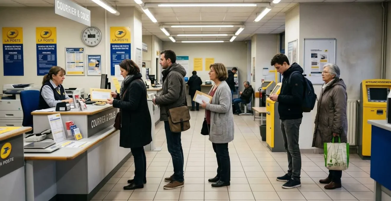 File d'attente dans un bureau de poste français avec plusieurs personnes attendant pour déposer leurs courriers recommandés papier