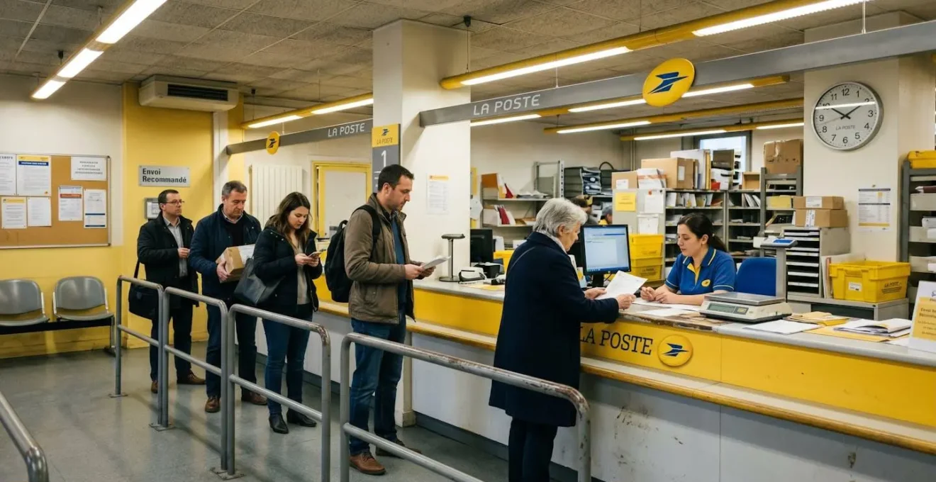 File d'attente dans un bureau de poste français avec plusieurs personnes attendant pour déposer leurs courriers recommandés papier