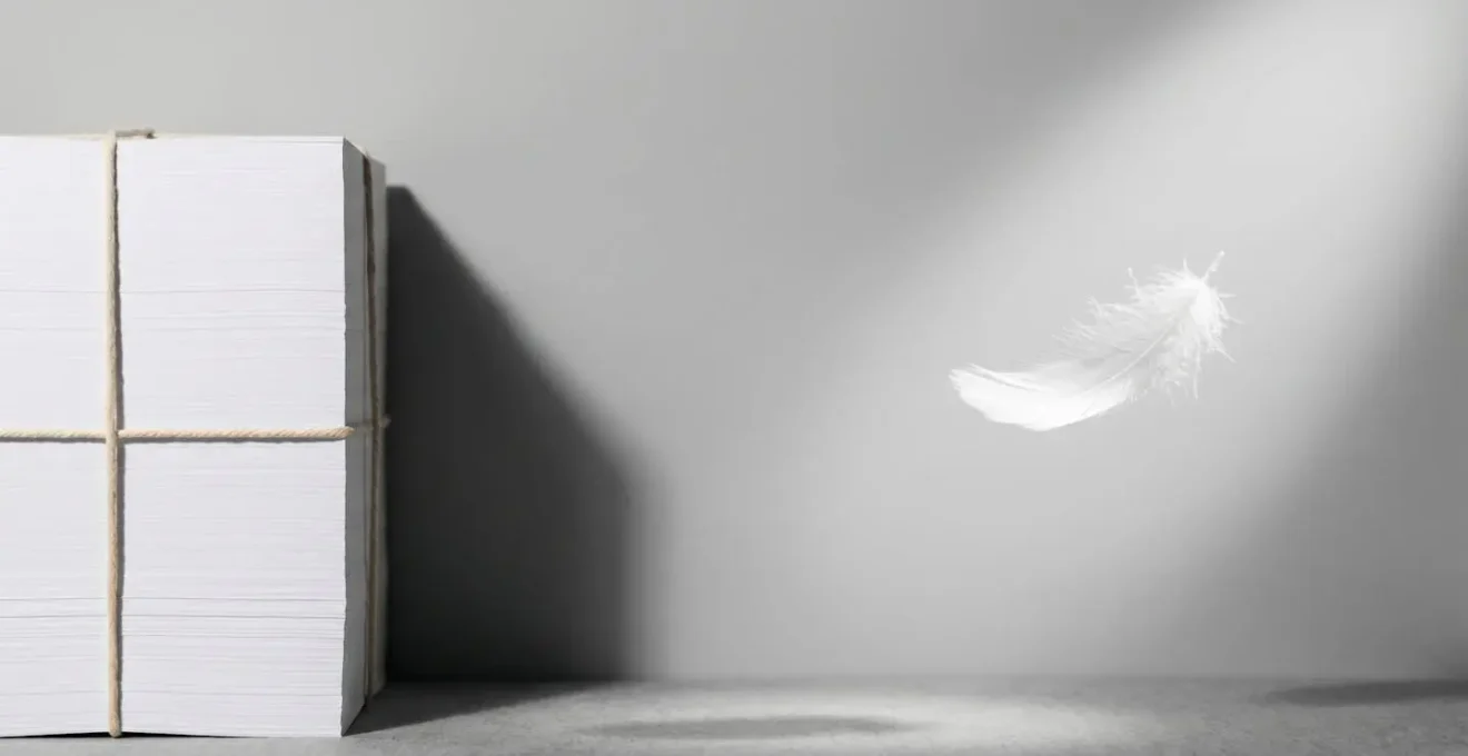 Photographie conceptuelle en studio montrant à gauche une pile verticale de feuilles blanches attachées par une ficelle projetant une ombre marquée, et à droite une plume blanche suspendue dans un rayon de lumière sur fond gris neutre
