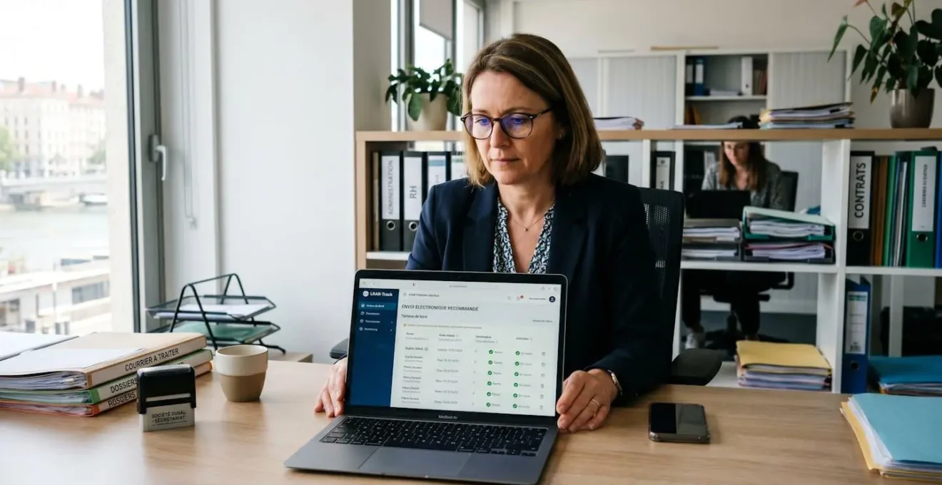Responsable administratif consultant une interface de suivi de lettres recommandées électroniques sur son ordinateur portable dans un bureau professionnel moderne français