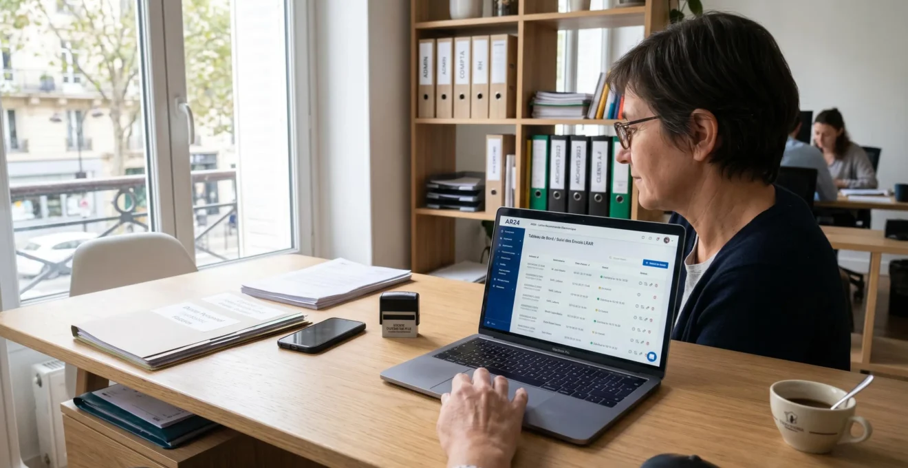 Responsable administratif consultant une interface de suivi de lettres recommandées électroniques sur son ordinateur portable dans un bureau professionnel moderne français