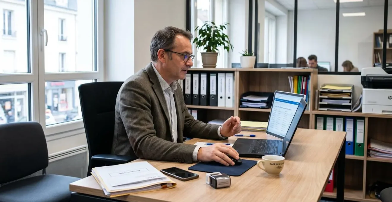 Responsable administratif consultant une interface de suivi de lettres recommandées électroniques sur son ordinateur portable dans un bureau professionnel moderne français