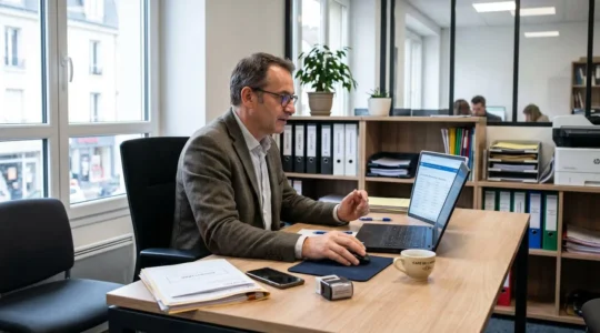Responsable administratif consultant une interface de suivi de lettres recommandées électroniques sur son ordinateur portable dans un bureau professionnel moderne français